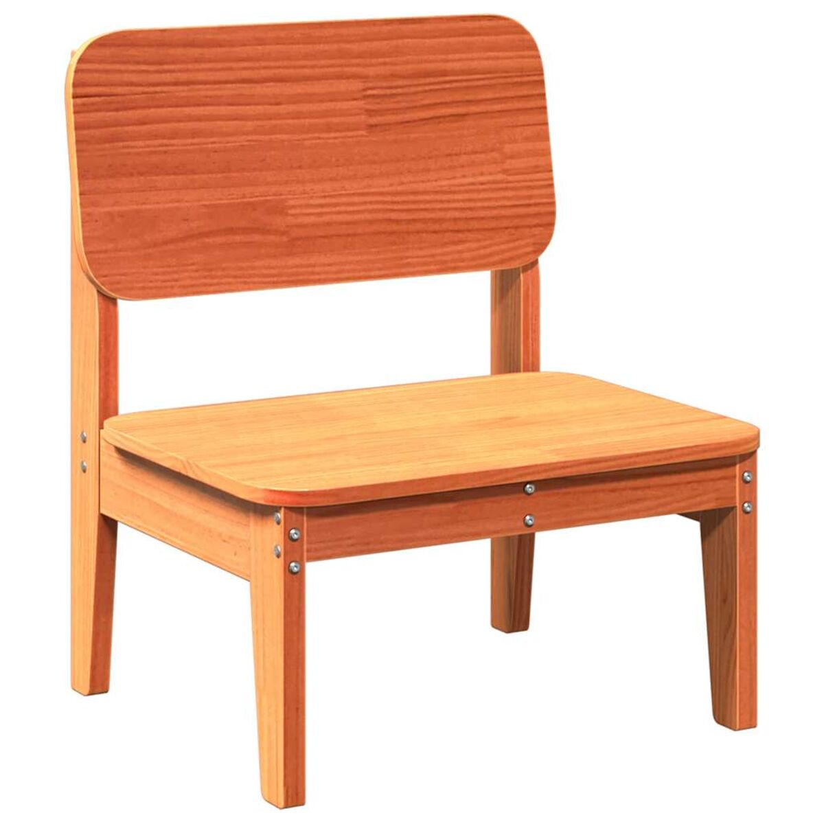 Holzstuhl, Vorderansicht, mit rechteckiger Rückenlehne und Sitzfläche. Er ist aus orange-braunem Holz gefertigt.