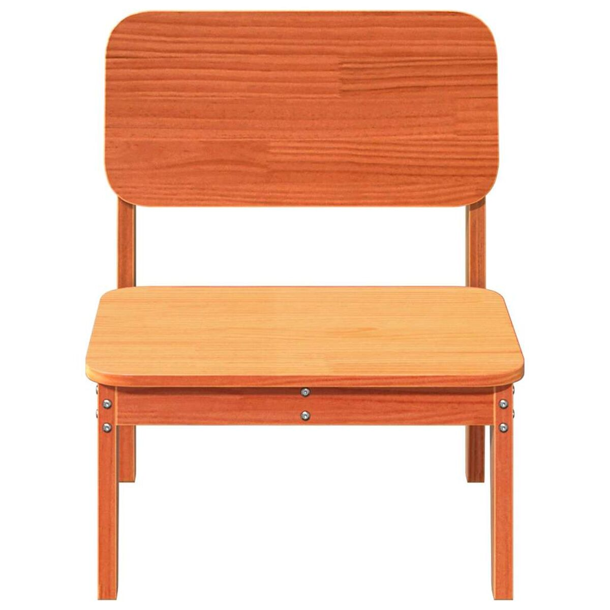 Holzstuhl. Orange-braune Farbe. Quadratischer Sitz, gebogene Rückenlehne. Vier Beine. Einfaches Design.