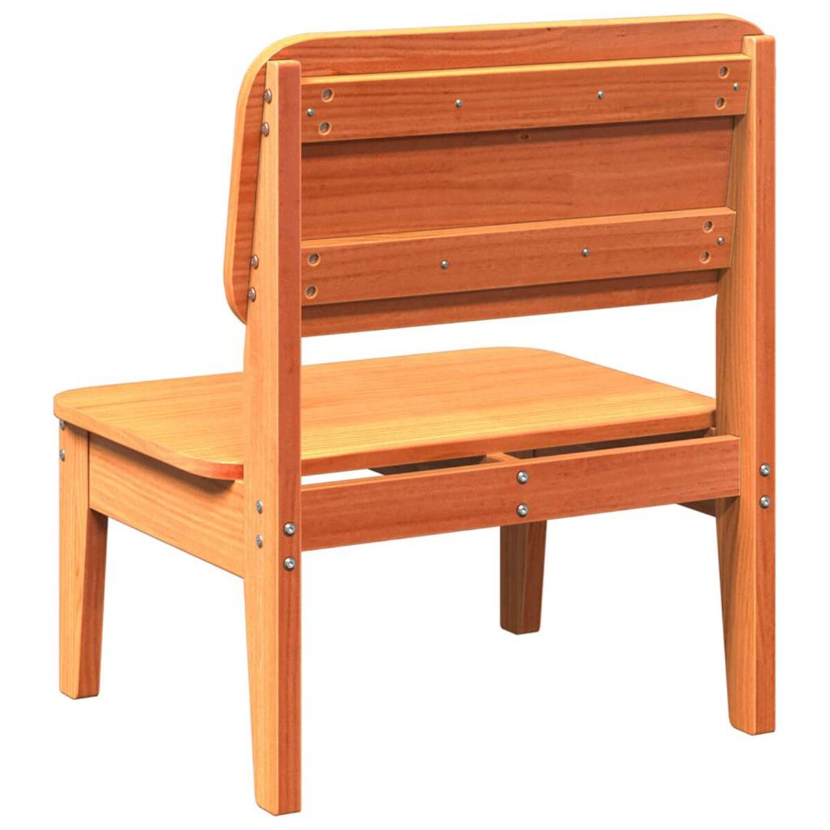 Holzstuhl, Rückansicht. Hellbraune Farbe. Einfaches Design. Sichtbare Schrauben.