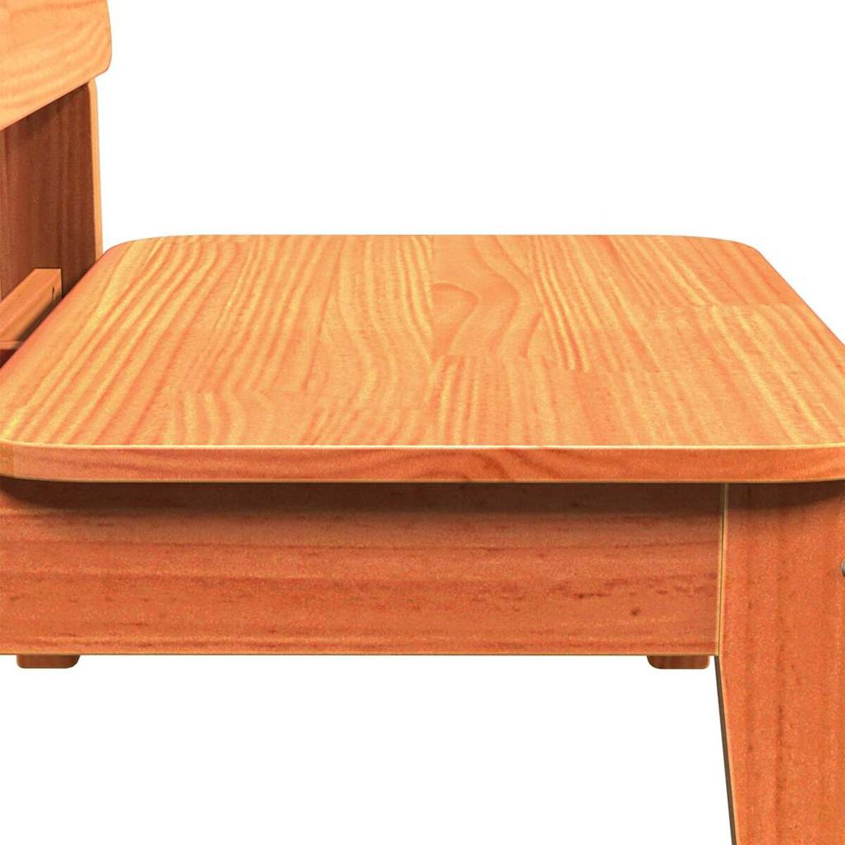 Nahaufnahme des Sitzes eines Holzstuhls. Helles orangerotes Holz.