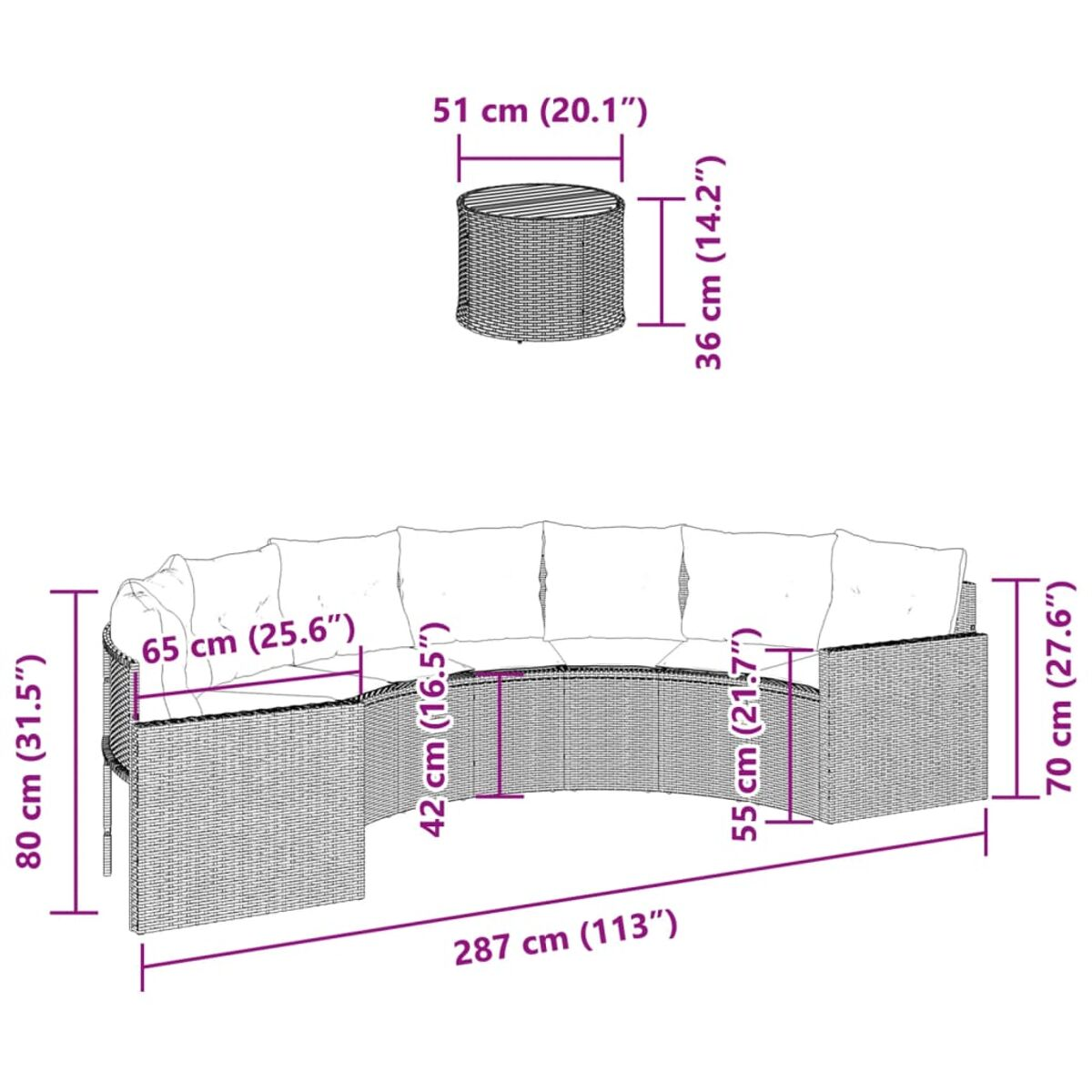 Diagramma mostra le dimensioni del divano in rattan: 287 cm lungo, 80 cm alto e 70 cm profondo.