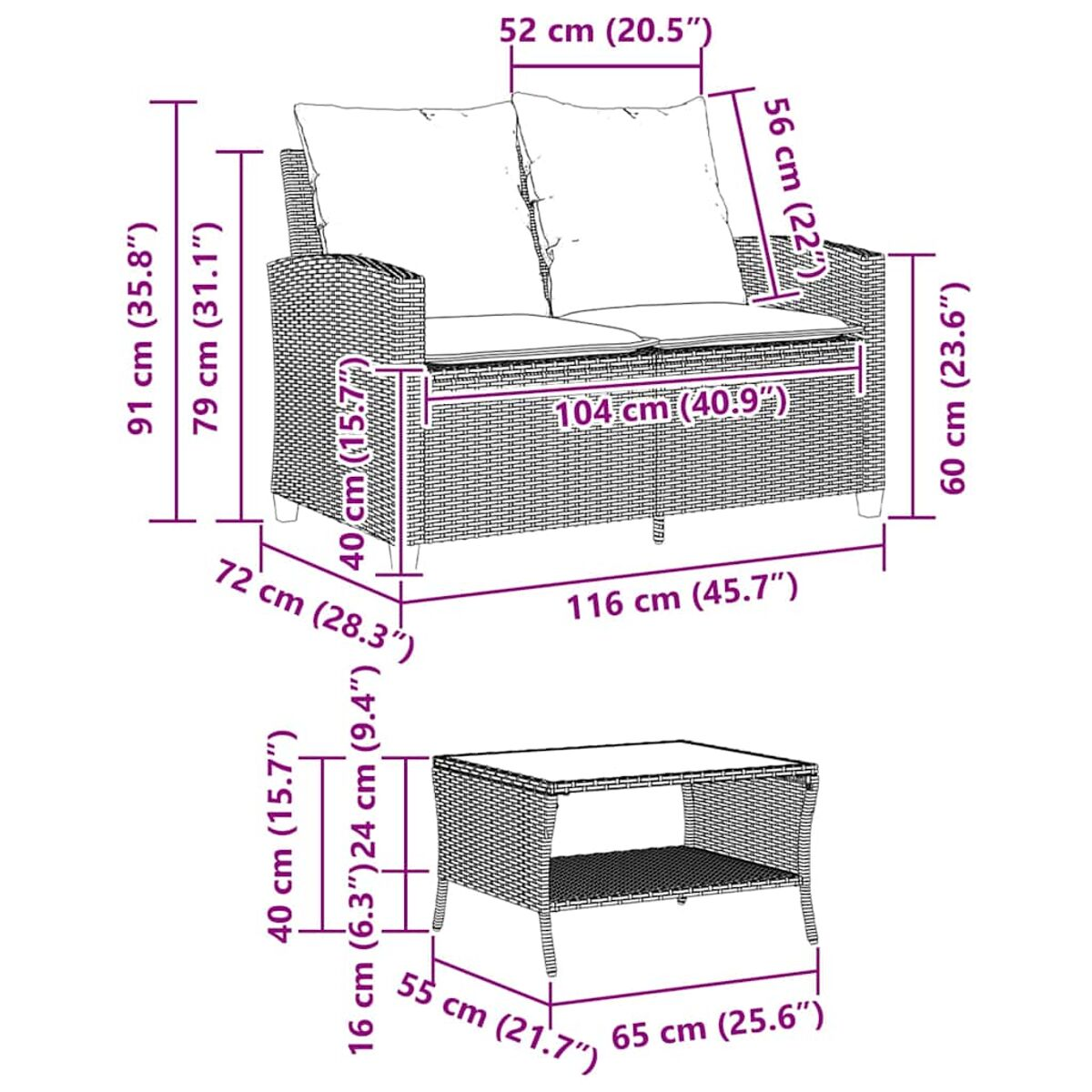 Set da esterno in vimini con dimensioni. Include un divano e un tavolino.