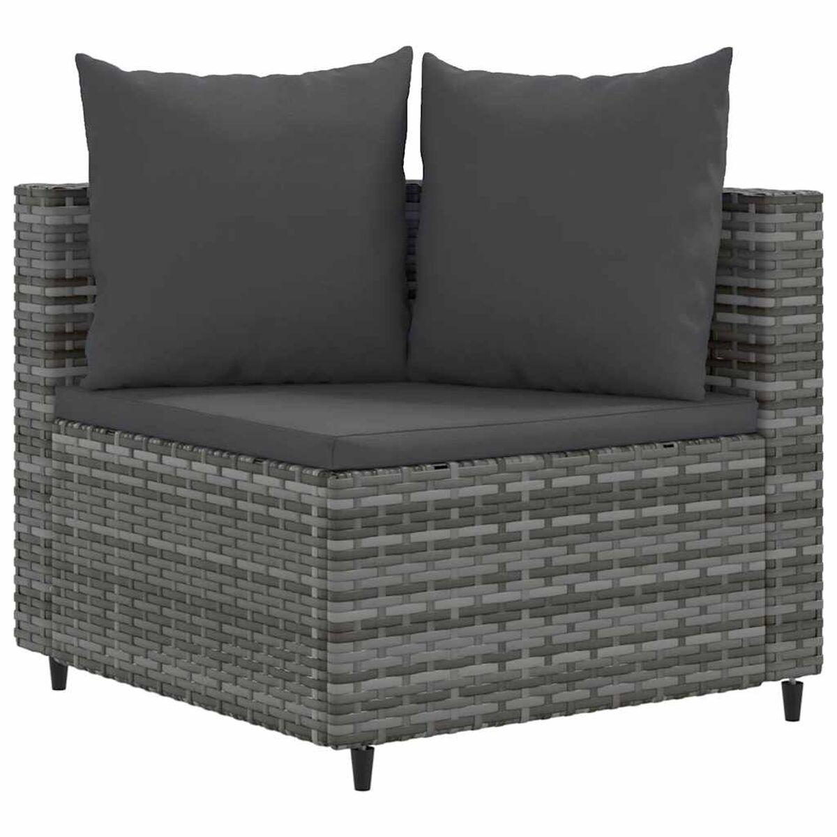 Grauer Korbsessel mit zwei grauen Kissen. Schwarze Beine. Modernes Design.