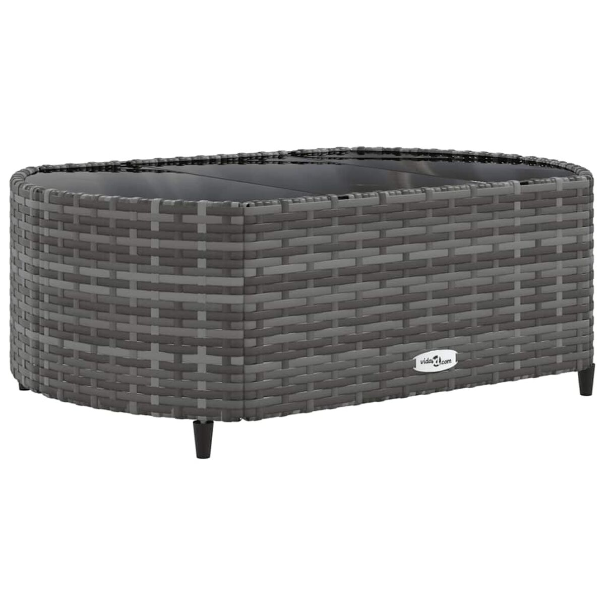 Grauer Rattan-Outdoor-Couchtisch mit Glasplatte.