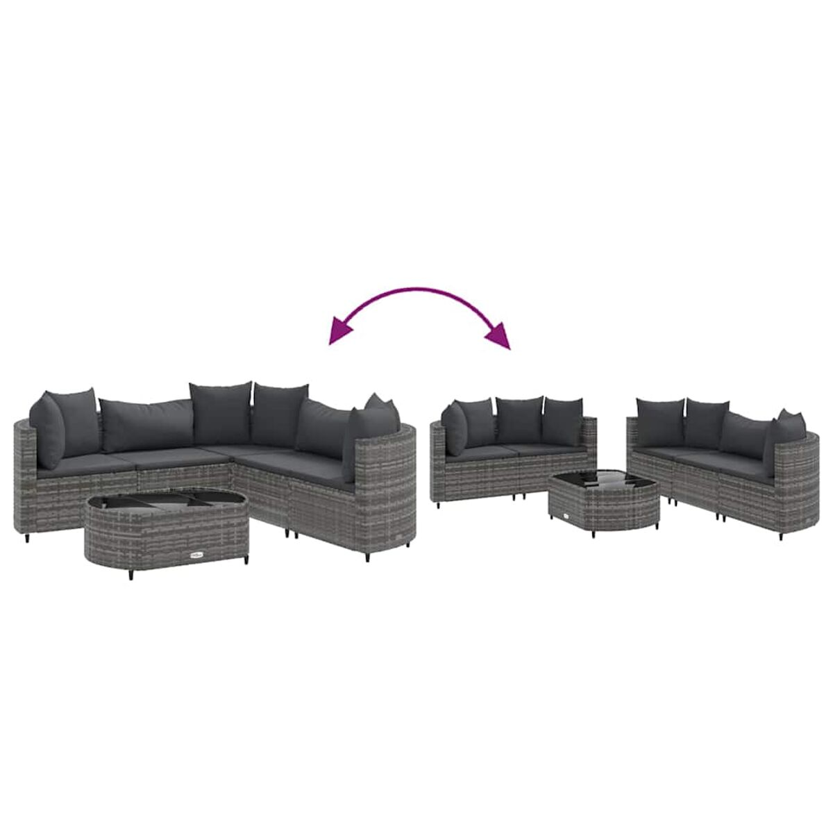 Rattan-Sofagarnitur mit Couchtisch, in zwei Anordnungen gezeigt.