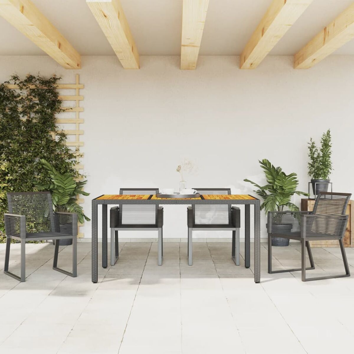 Essgruppe für den Außenbereich mit Tisch und Stühlen. Pflanzen und eine weiße Wand im Hintergrund. Sonniger Tag.
