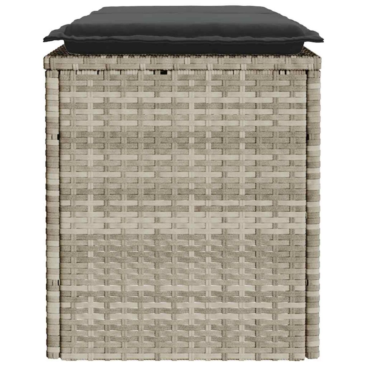 Pouff contenitore in vimini con cuscino nero sopra. Colore beige e grigio. Sfondo bianco.
