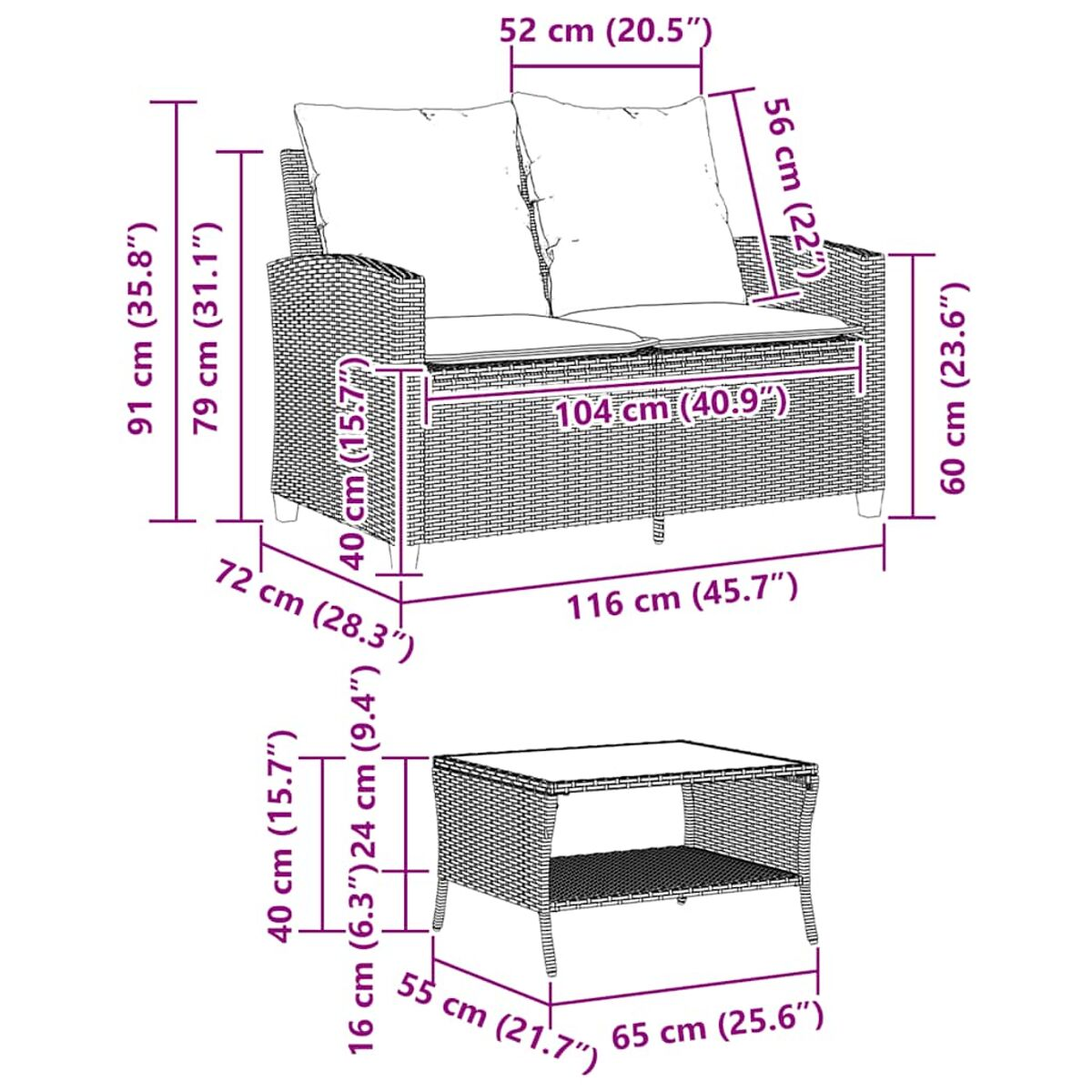 Conjunto de muebles de exterior de ratán con dimensiones. Incluye un sofá y una mesa pequeña.