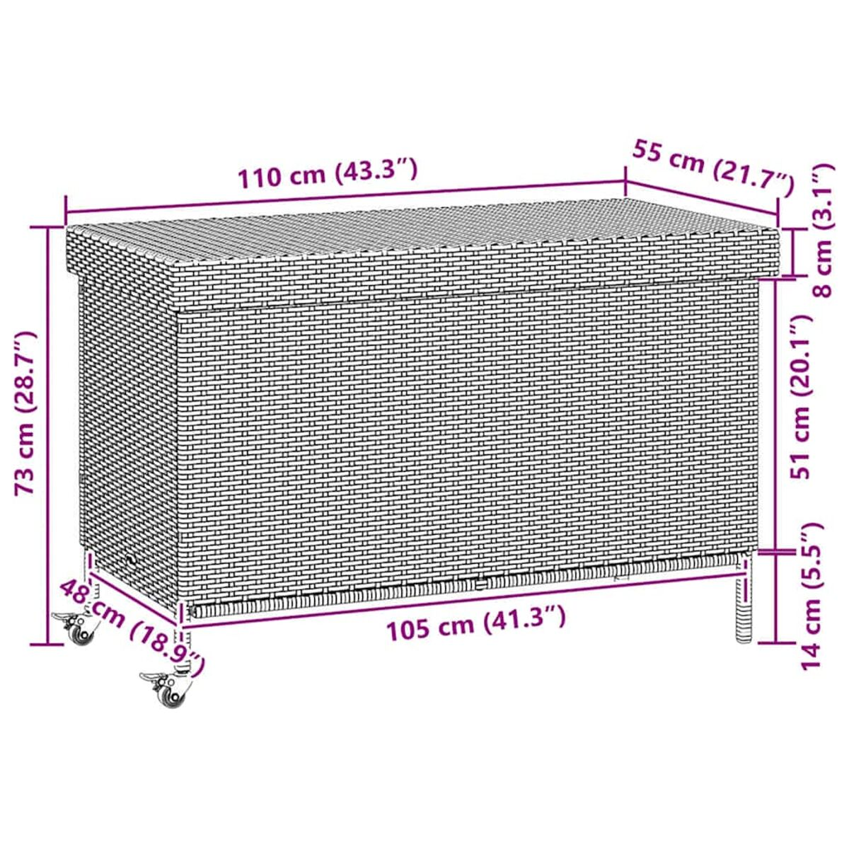 Eine rechteckige schwarze Rattan-Aufbewahrungsbox auf Rollen mit beschrifteten Abmessungen und Deckel.