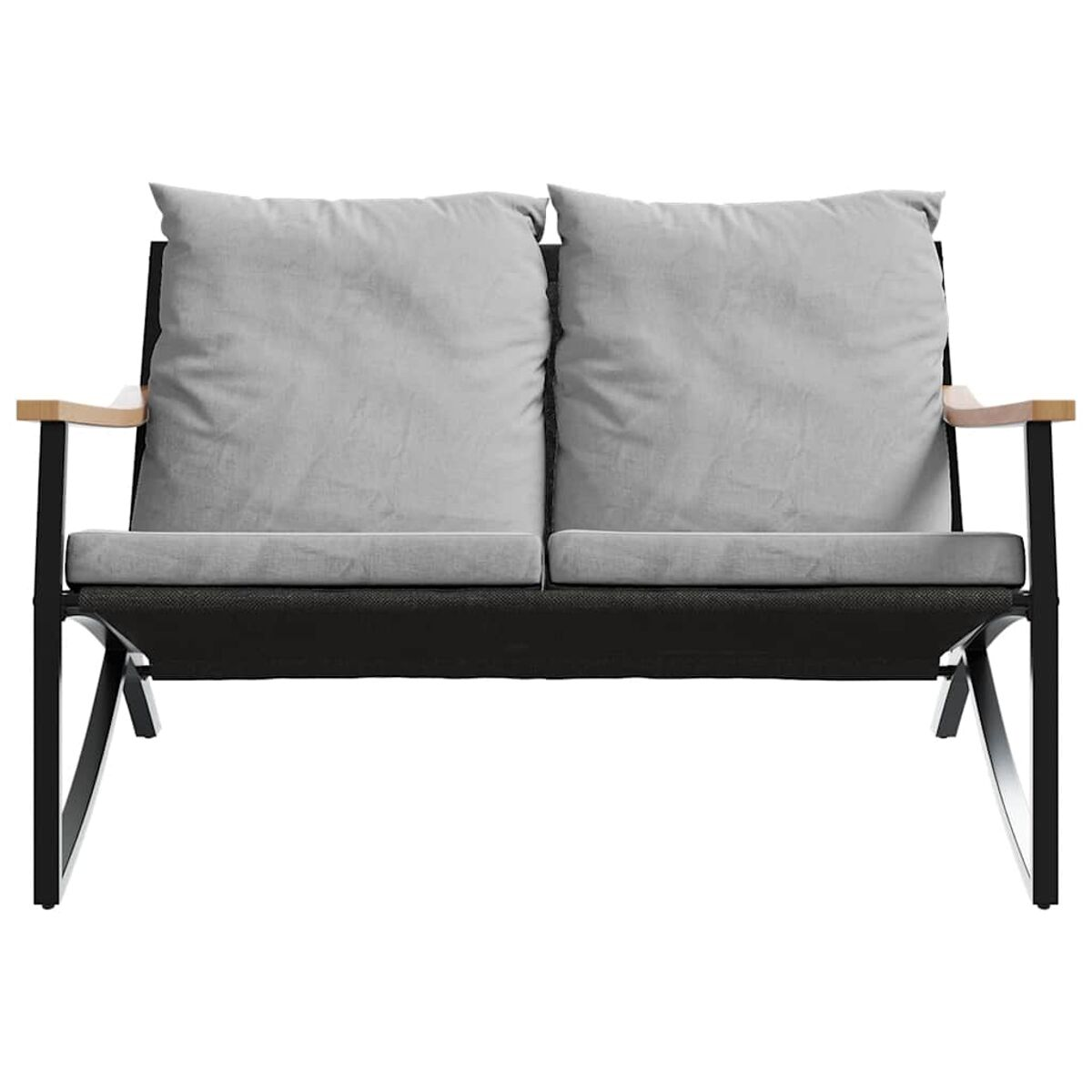 Zweisitzer-Outdoor-Sofa mit hellgrauen Kissen und Holzarmlehnen, auf weißem Grund.