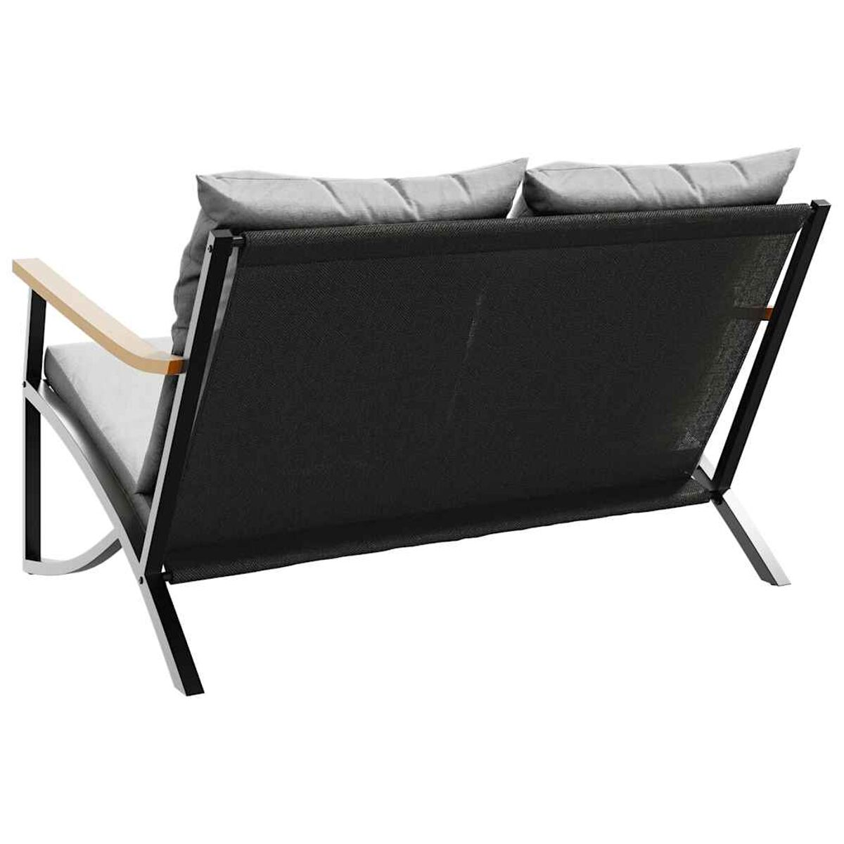 Zweisitzer-Sofa im Freien mit schwarzem Rahmen, grauen Kissen und Holzarmlehnen, von hinten gesehen.