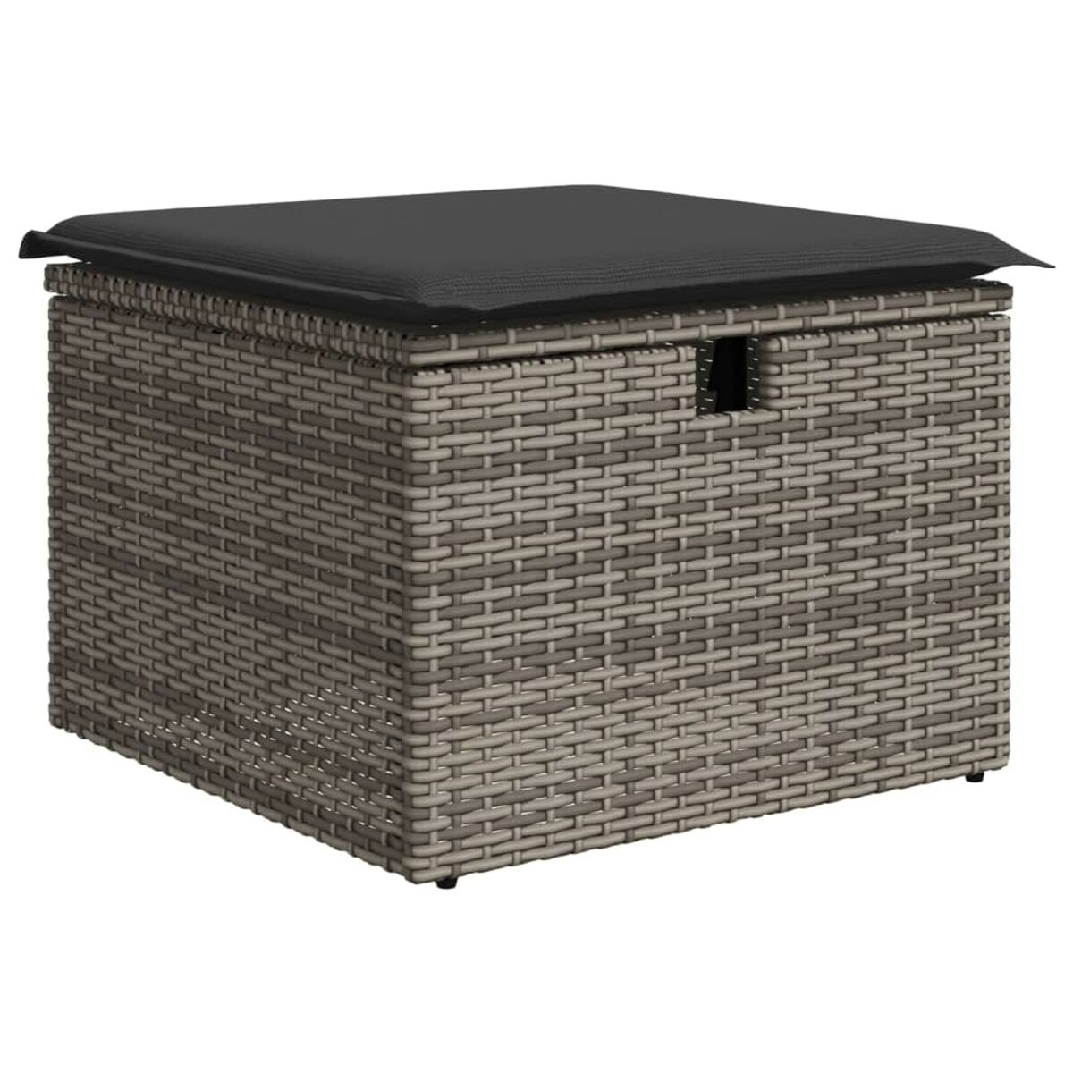 Wicker Stauraum-Hocker mit schwarzem Kissen. Er hat einen Klappdeckel.