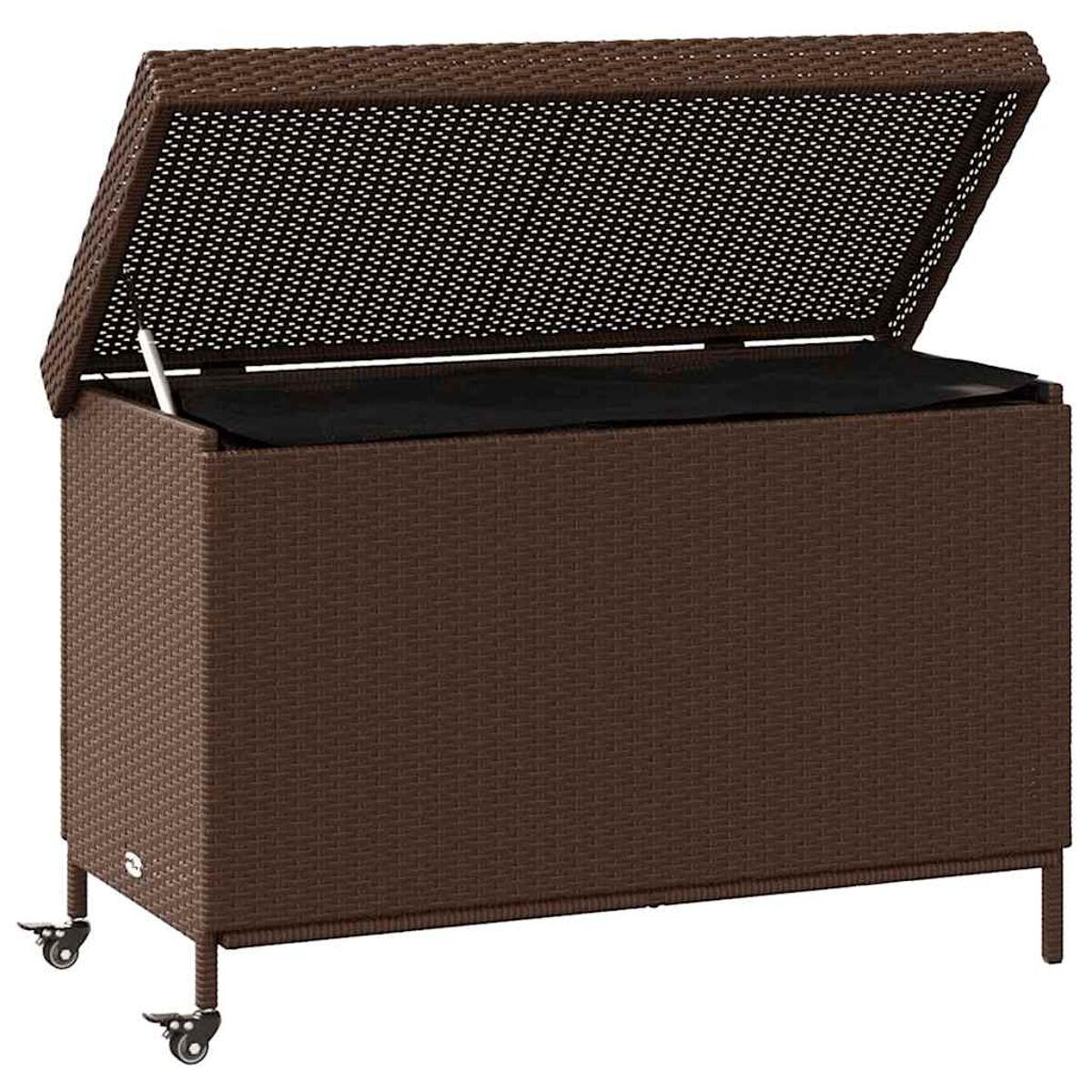 Eine braune Rattan-Aufbewahrungsbox mit Scharnierdeckel, Rädern und schwarzem Innenfutter.