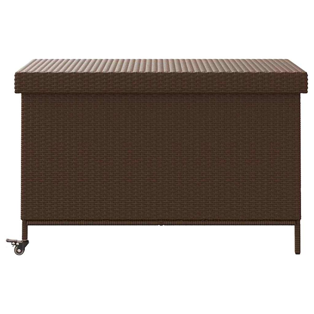 Braune Rattan-Aufbewahrungsbox mit Rädern. Sie hat einen Deckel.