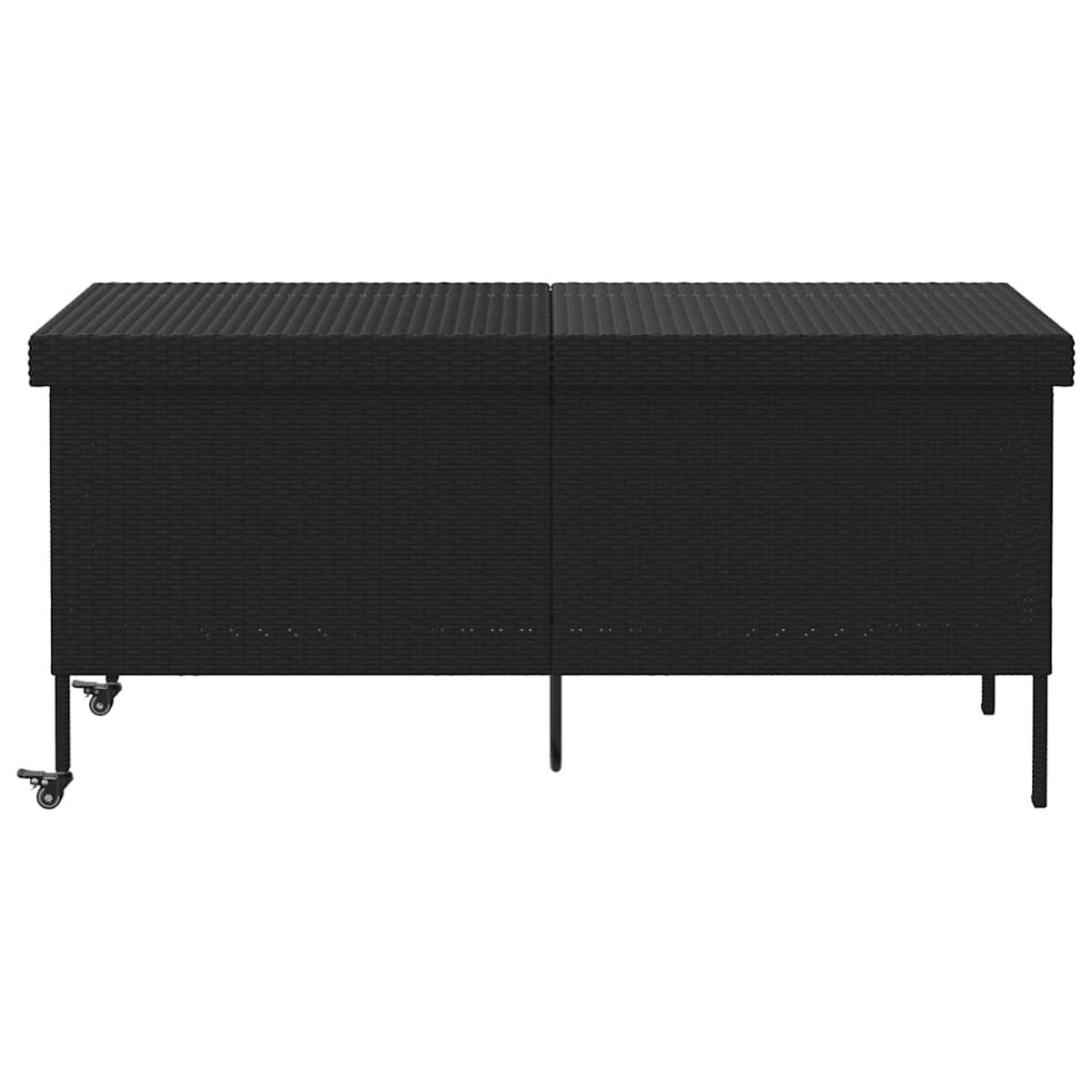 Schwarze Outdoor-Aufbewahrungseinheit aus Korbgeflecht mit Rädern.