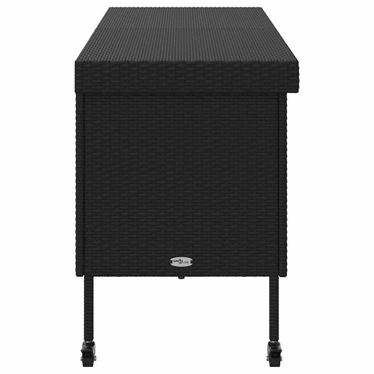 Schwarzer Outdoor-Aufbewahrungsschrank aus Korbgeflecht auf Rädern. Er hat ein rechteckiges Design und eine solide Oberseite.