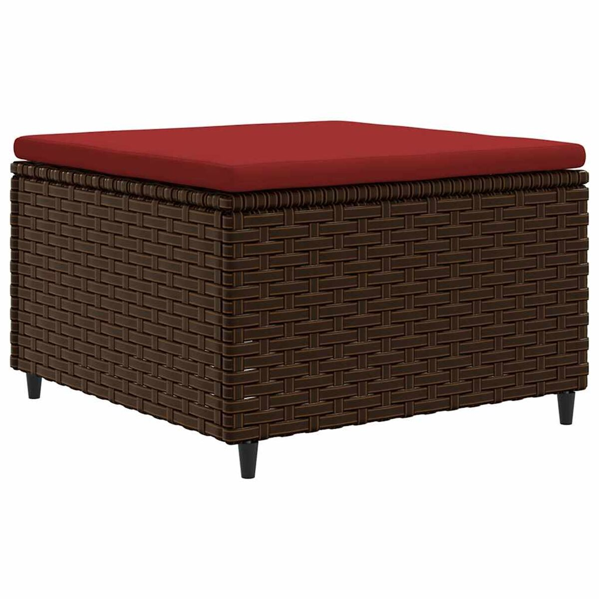 Un pouf contenitore in rattan marrone con un cuscino rosso sopra.