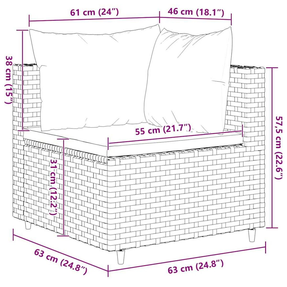 Sedia da esterno intrecciata con dimensioni. Le dimensioni sono indicate in cm e pollici.