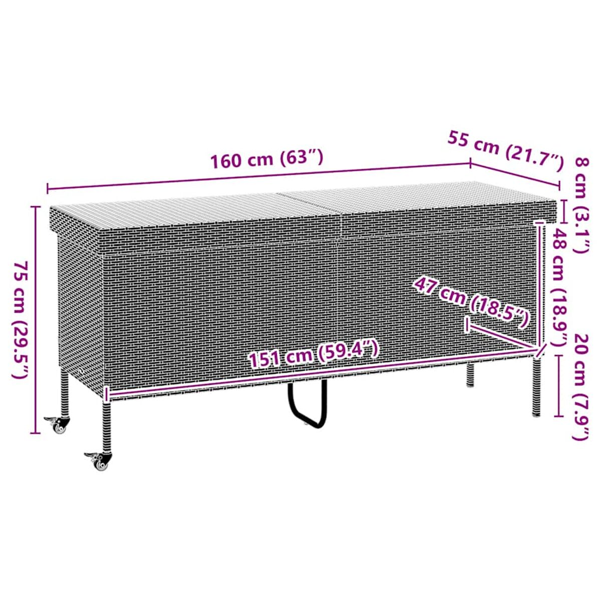 Eine rechteckige Aufbewahrungsbox aus Rattan mit sichtbaren Abmessungen. Hat Räder und einen Deckel.