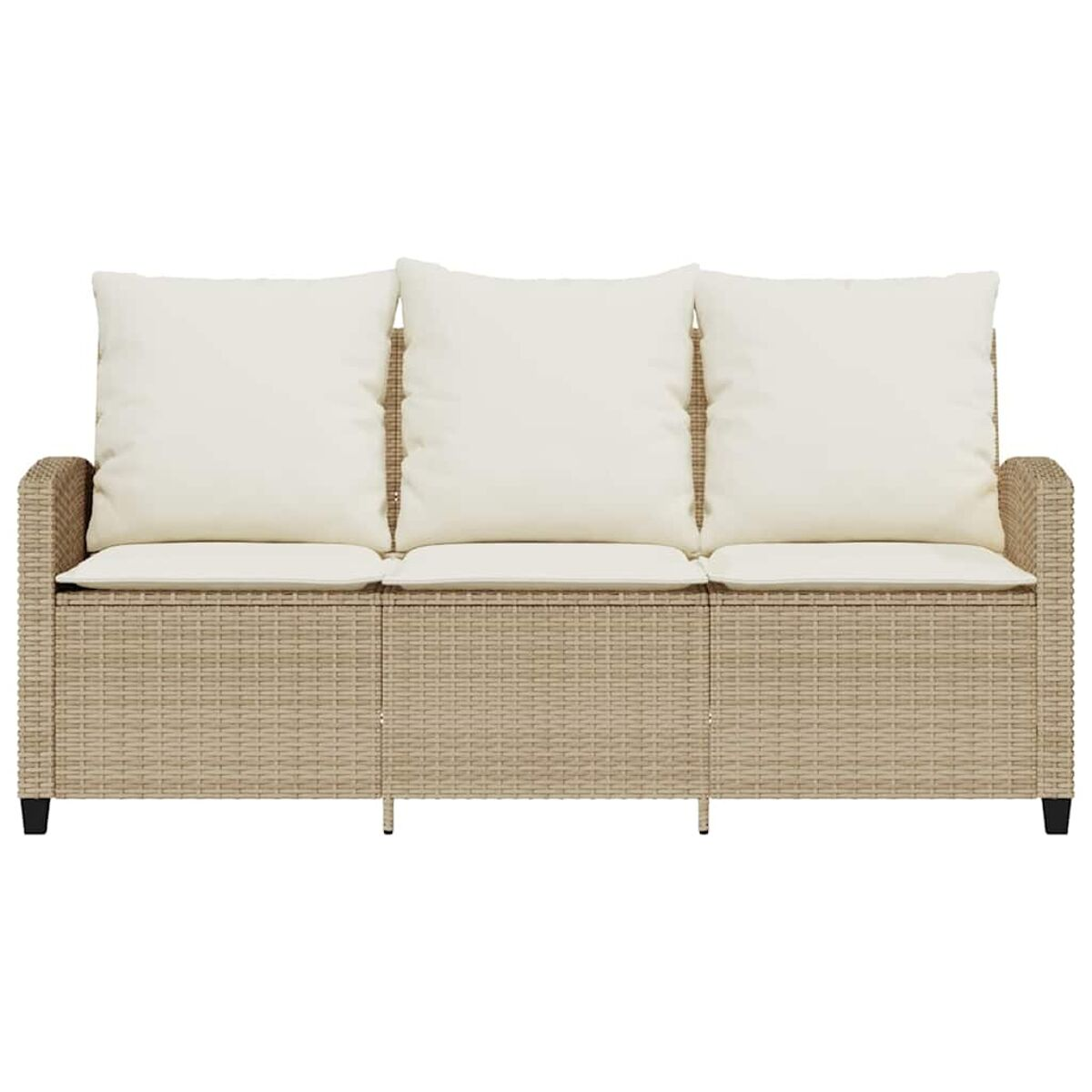 Divano da esterno in vimini. Tre cuscini, struttura beige, design semplice.