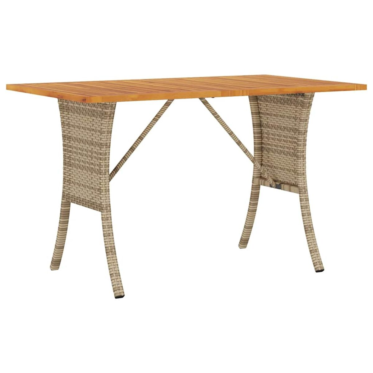 Tavolo da esterno con piano in legno e gambe in vimini. Sfondo bianco.