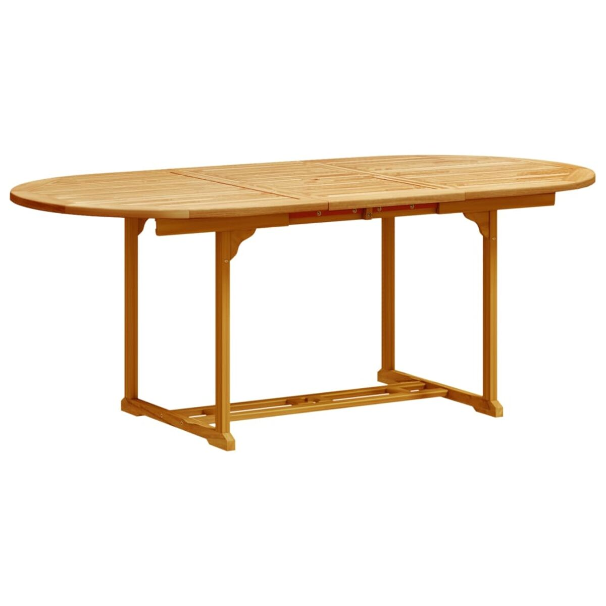Ovaler Holztisch für draußen, mit Klappfunktion, in heller, sonniger Umgebung, ideal zum Essen.