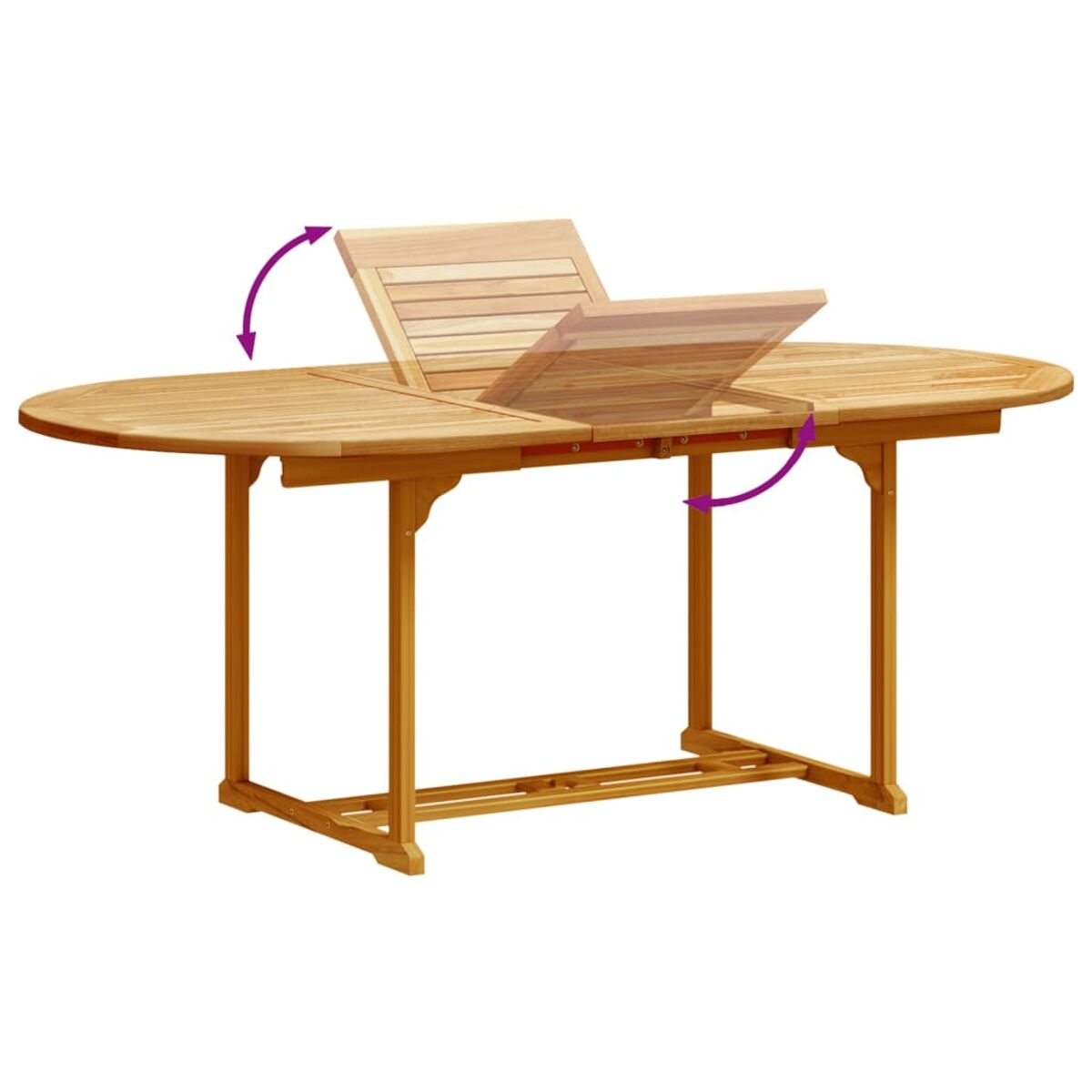 Tavolo ovale in legno con ala a farfalla. Frecce mostrano l'estensione.