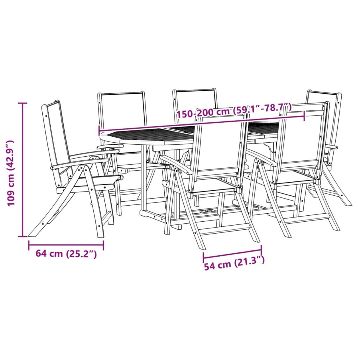 Ein Ess-Set für draußen mit 6 Stühlen und einem Tisch. Abmessungen sind angegeben.