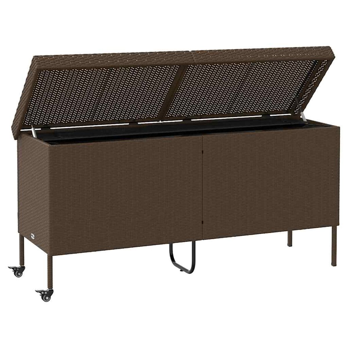 Braune, gewebte Outdoor-Aufbewahrungsbox mit offenem Deckel, die einen schwarzen Innenraum und Räder an den Beinen zeigt.