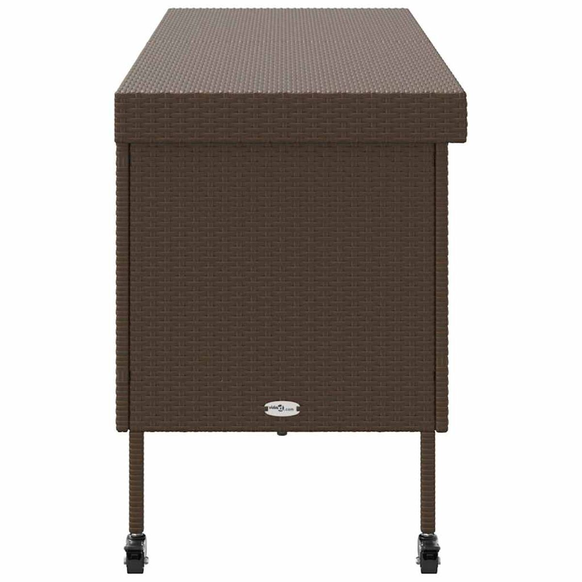 Ein brauner Weidenholzschrank mit Rädern. Er hat eine Oberseite und ist rechteckig.