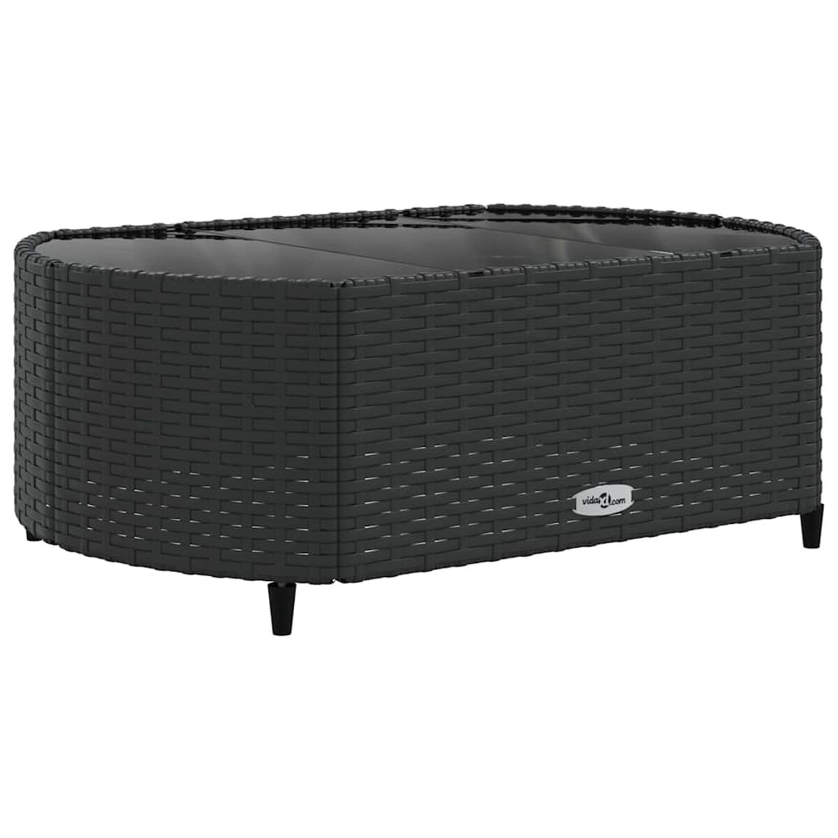 Tavolino ovale in vimini nero con piano in vetro.