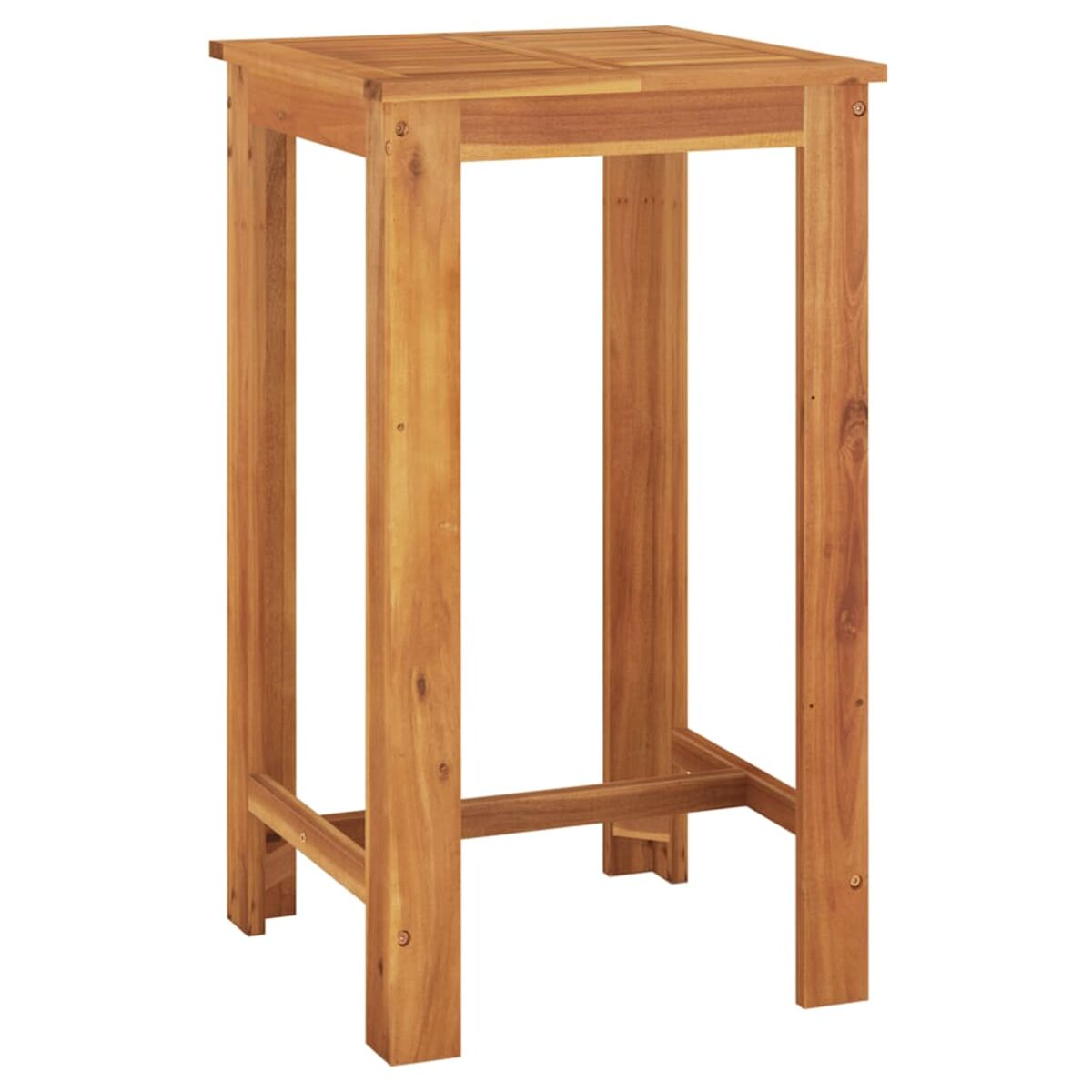 Hoher Holztisch mit quadratischer Platte und vier Beinen. Braunes Holz, einfaches Design, isoliert.
