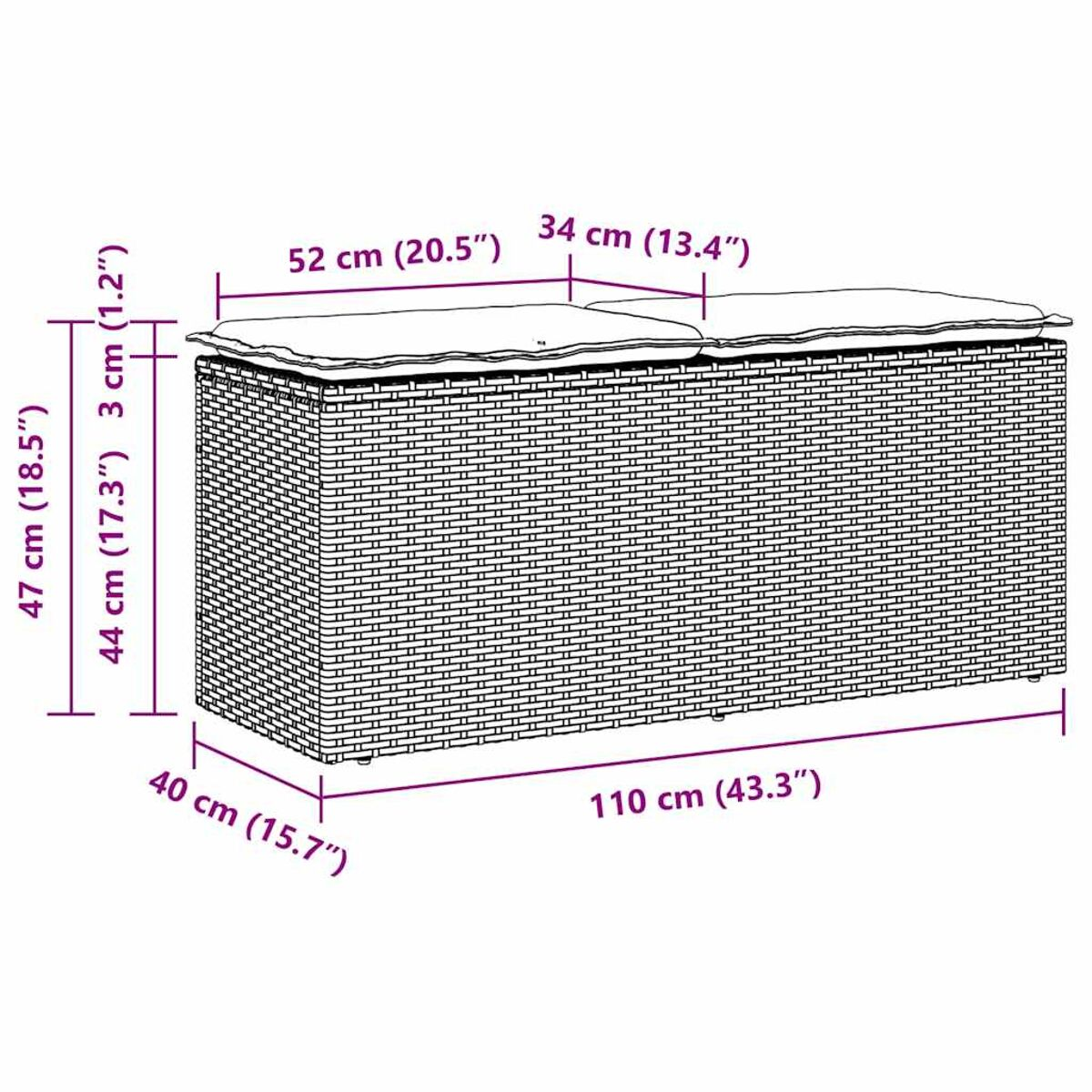 Un contenitore di vimini con due cuscini sopra. Le dimensioni sono visibili sull'immagine.