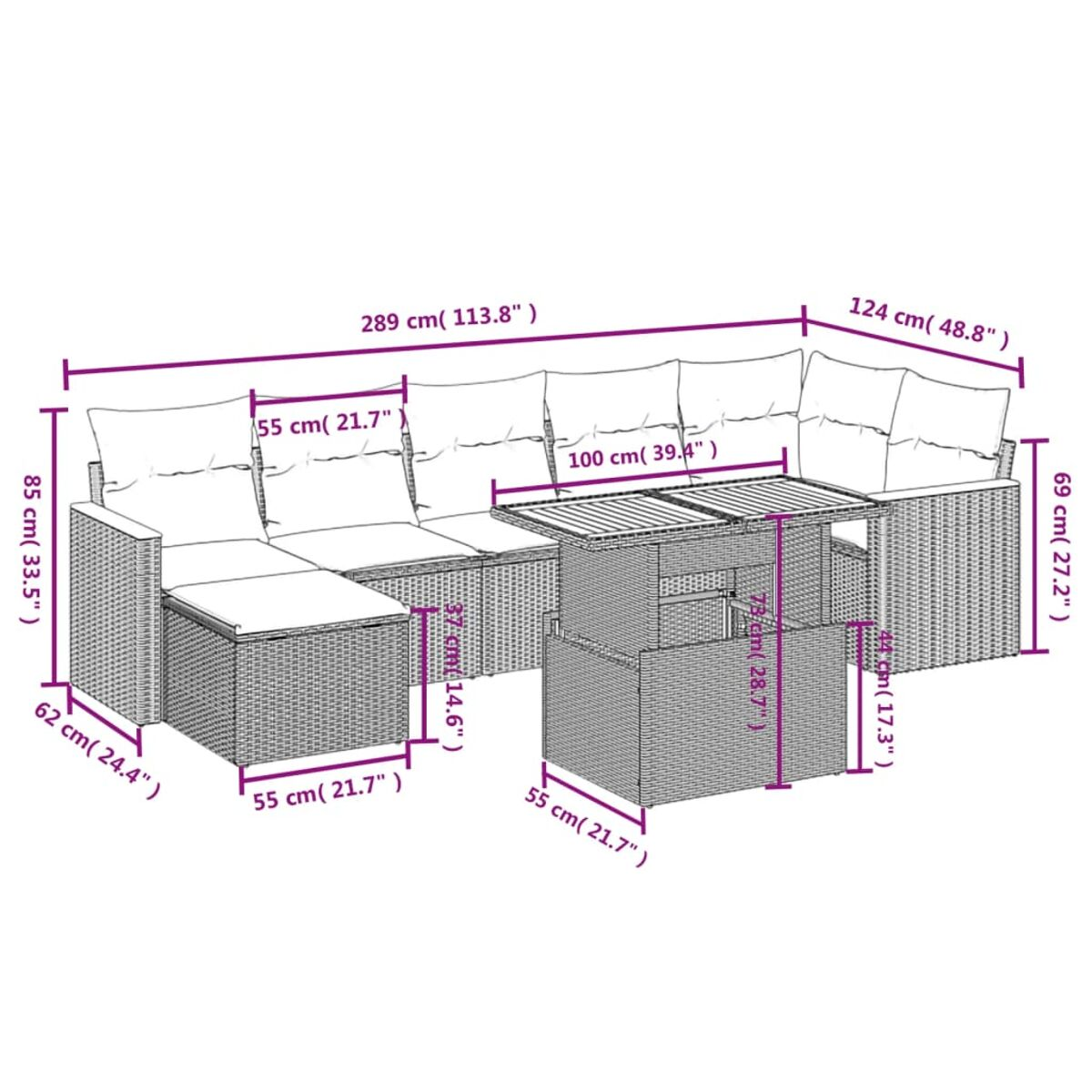 Ein Outdoor-Ecksofa-Set mit Maßen in cm und Zoll, weißer Hintergrund.