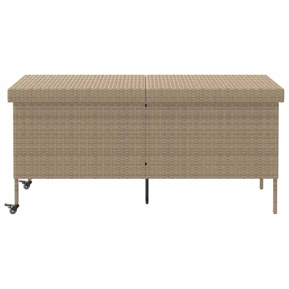 Beiger Rattan-Outdoor-Stauschrank mit Rädern. Zwei Türen öffnen. Schwarzes Metallbein.