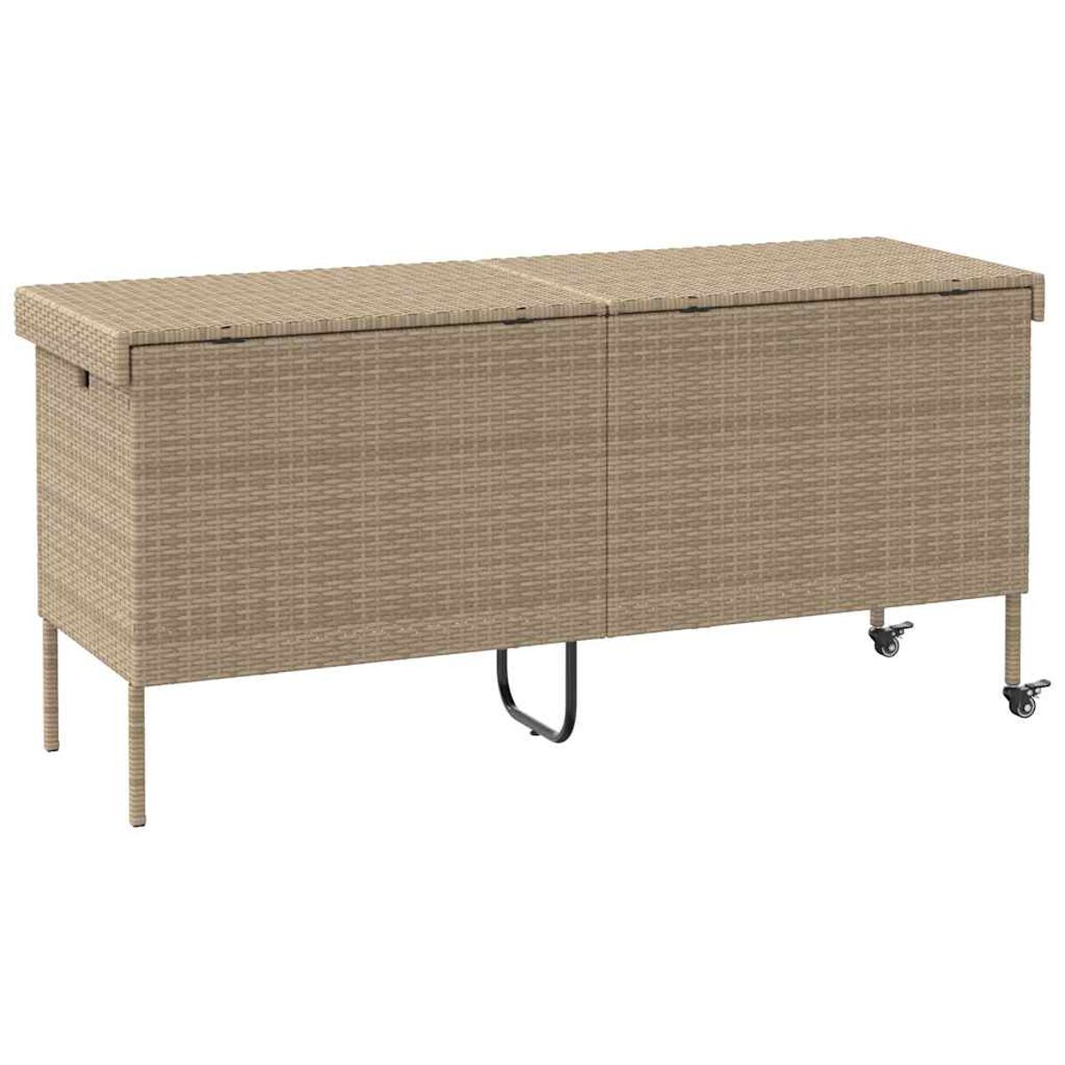 Weiden-Aufbewahrungsbox auf Rädern, mit zwei Scharnierdeckeln. Beige, auf weißem Untergrund.