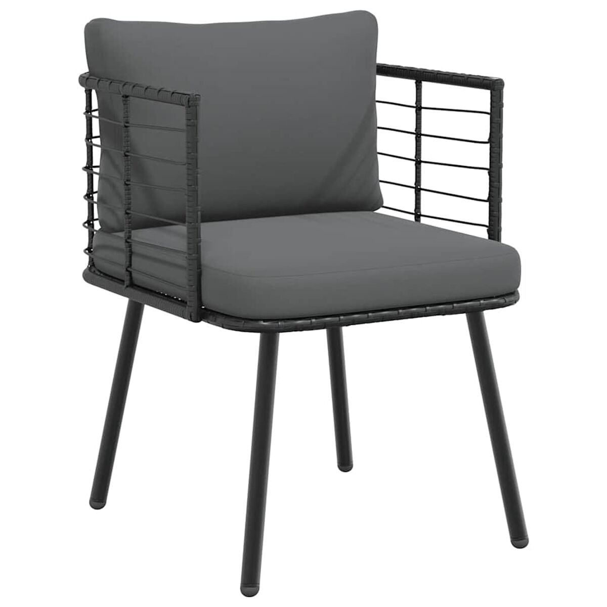 Sedia grigio scuro con cuscino grigio. Telaio e gambe neri. Sfondo bianco.