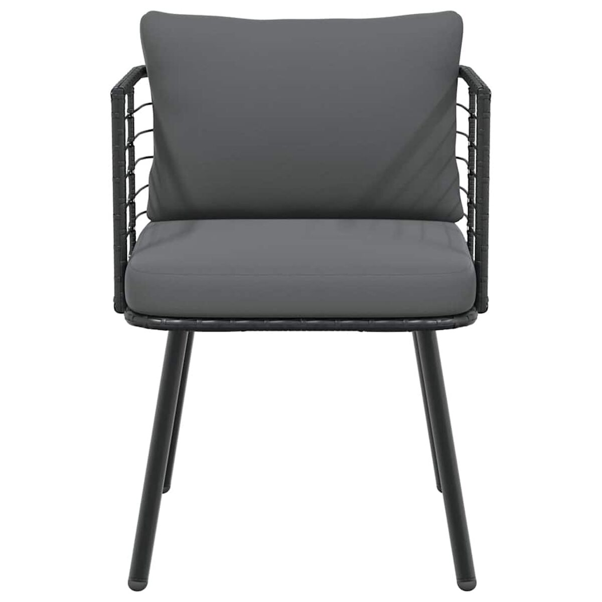 Sedia grigia con cuscino e schienale grigio scuro. Struttura in metallo nero con un design moderno.