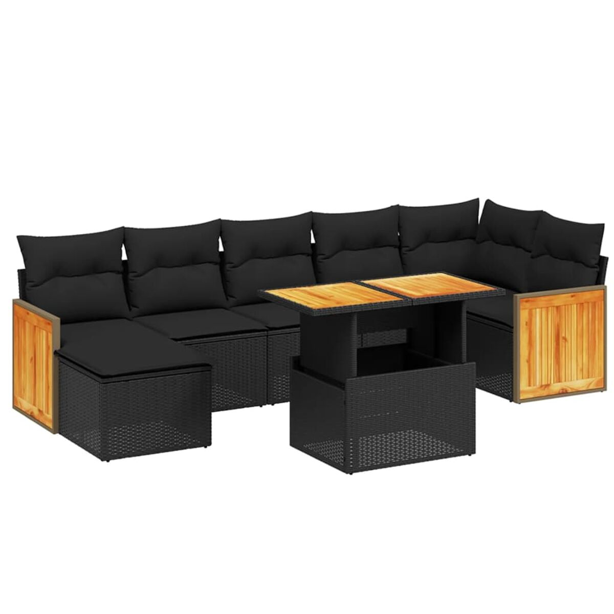 Outdoor-Ecksofa mit schwarzen Kissen und Holzakzenten. Dunkler Korbrahmen.