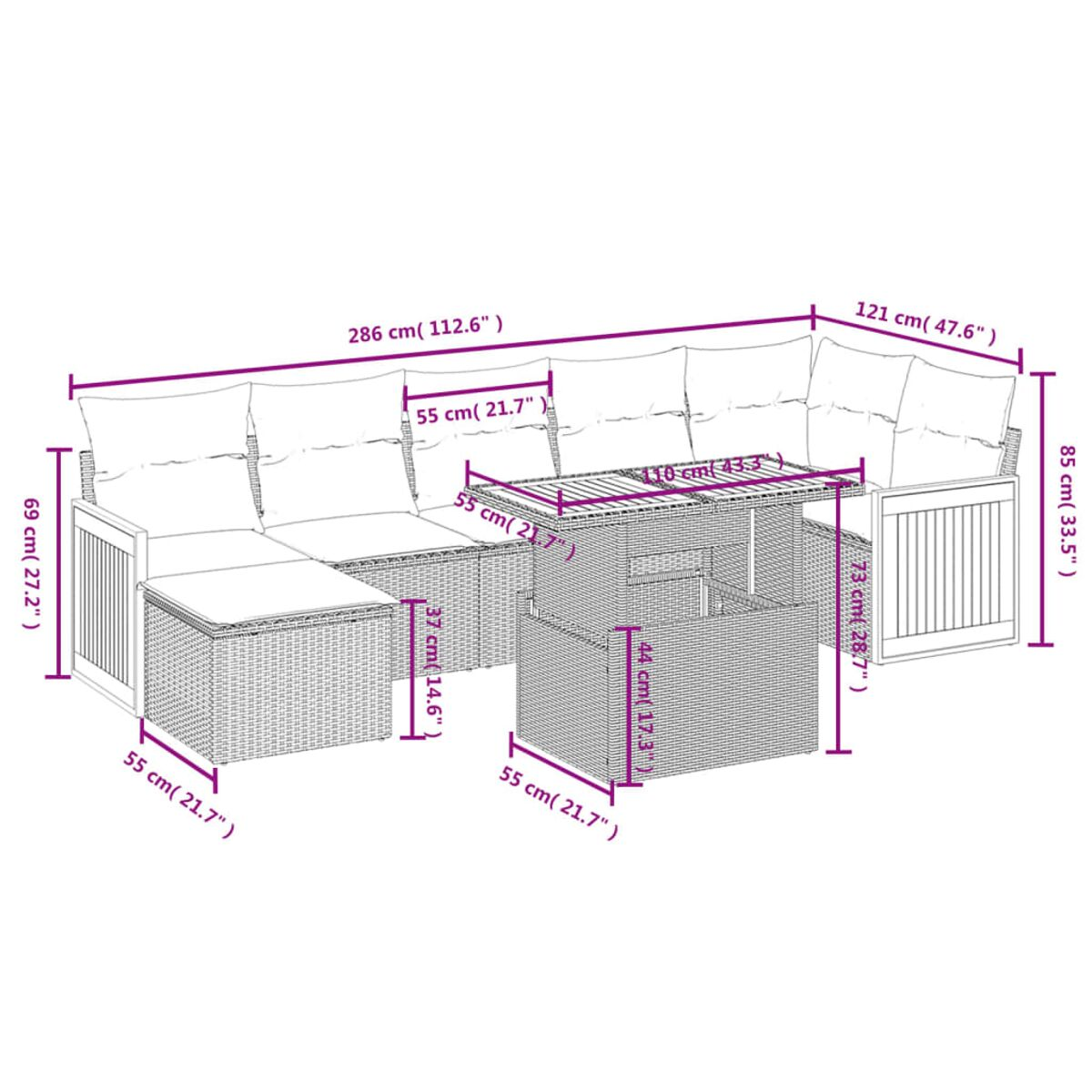 Ein Diagramm mit Abmessungen eines Outdoor-Sofa-Sets aus Korbgeflecht mit Tisch und Kissen.