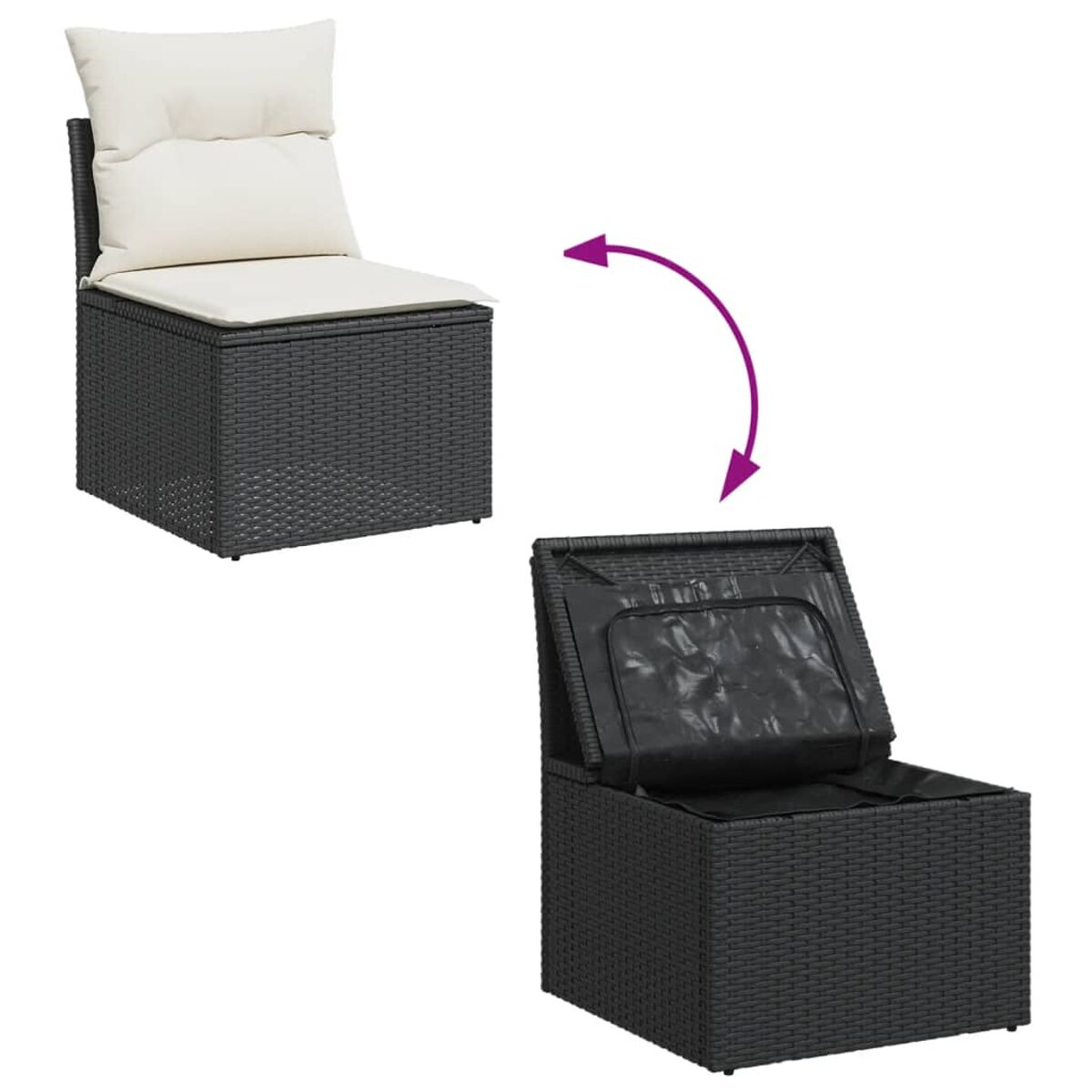 Schwarzer Rattan-Stuhl mit Kissen und Aufbewahrungsbox.