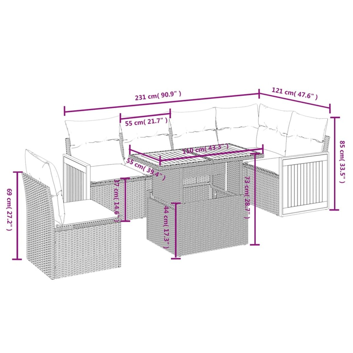 Geflochtenes Outdoor-Möbelset mit Maßen auf weißem Hintergrund. Es umfasst ein Sofa und einen Tisch.