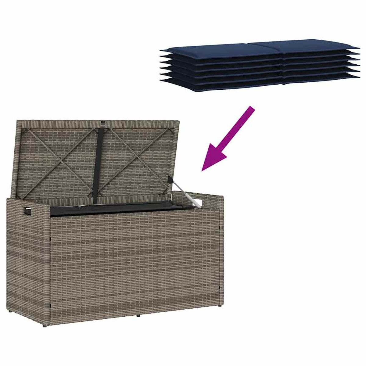 Un contenitore in rattan con coperchio aperto e cuscini blu vicini. Una freccia indica i cuscini.