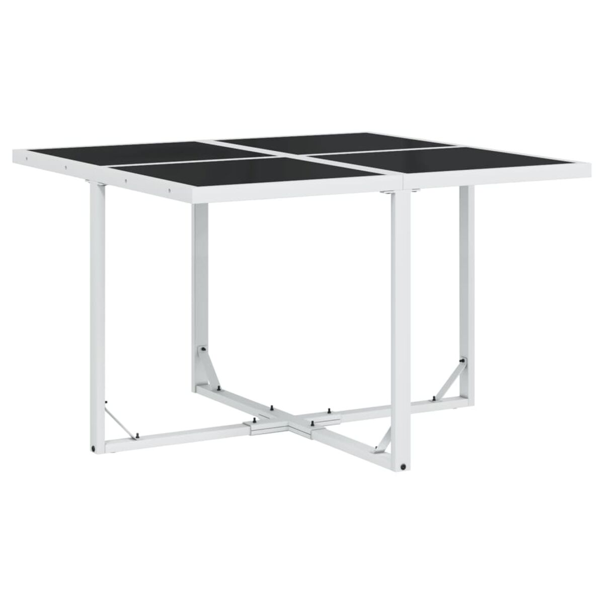 Weißer quadratischer Tisch mit schwarzen quadratischen Einsätzen. Metallrahmen mit X-förmigem Fuß.