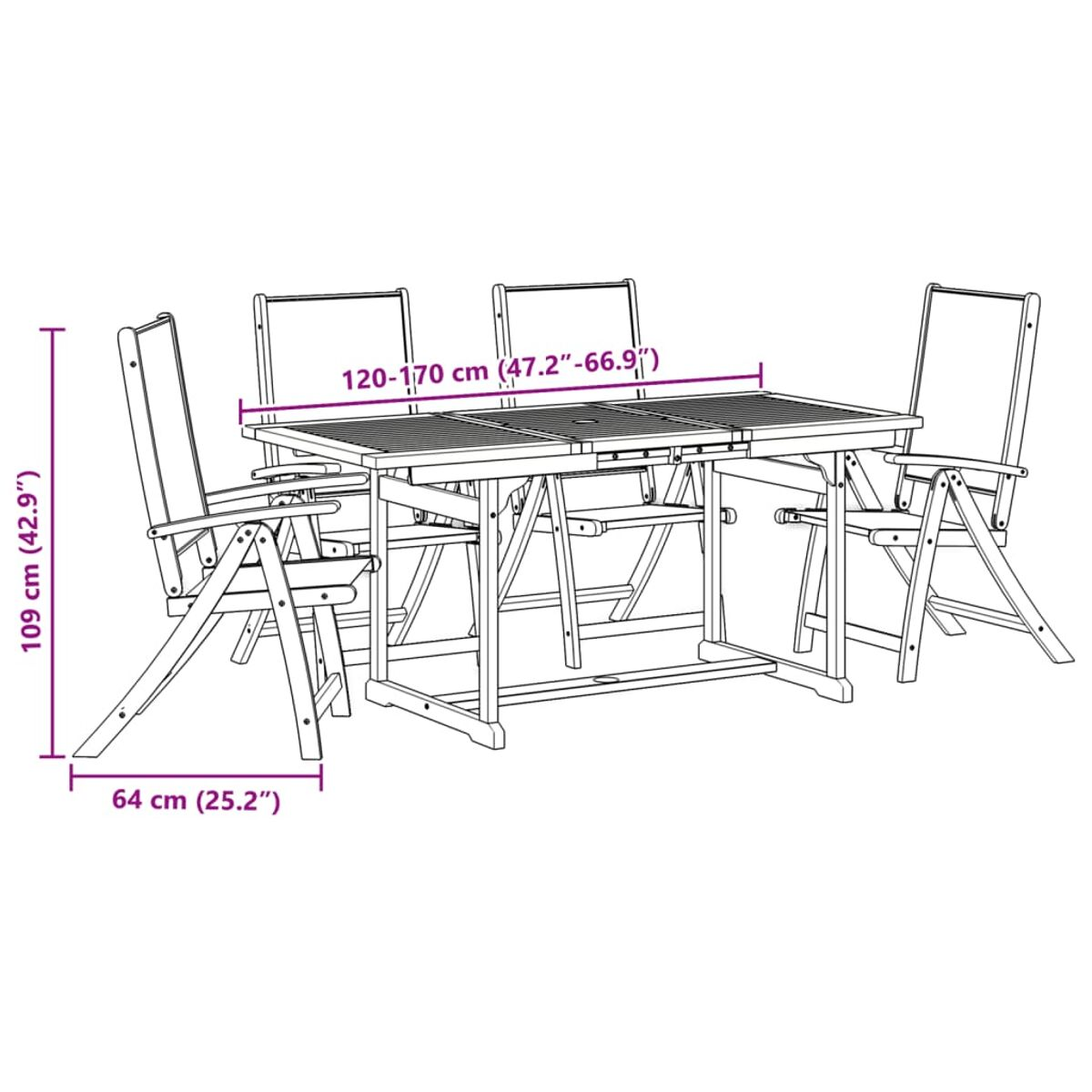 Un set da pranzo per patio all'aperto con un tavolo e quattro sedie. Dimensioni etichettate sulla foto.