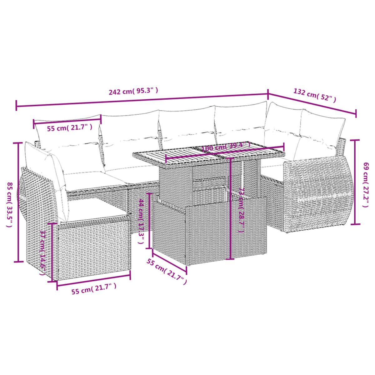 Rattan-Sofa-Set für den Außenbereich. Enthält einen Tisch und Abmessungen sind sichtbar.