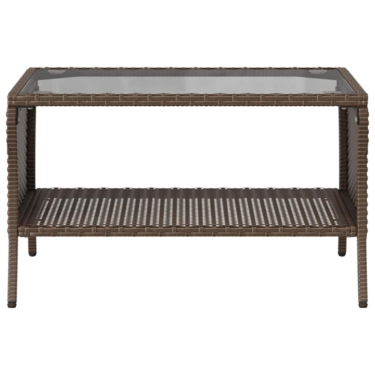 Tavolino in rattan marrone con piano in vetro e ripiano inferiore.