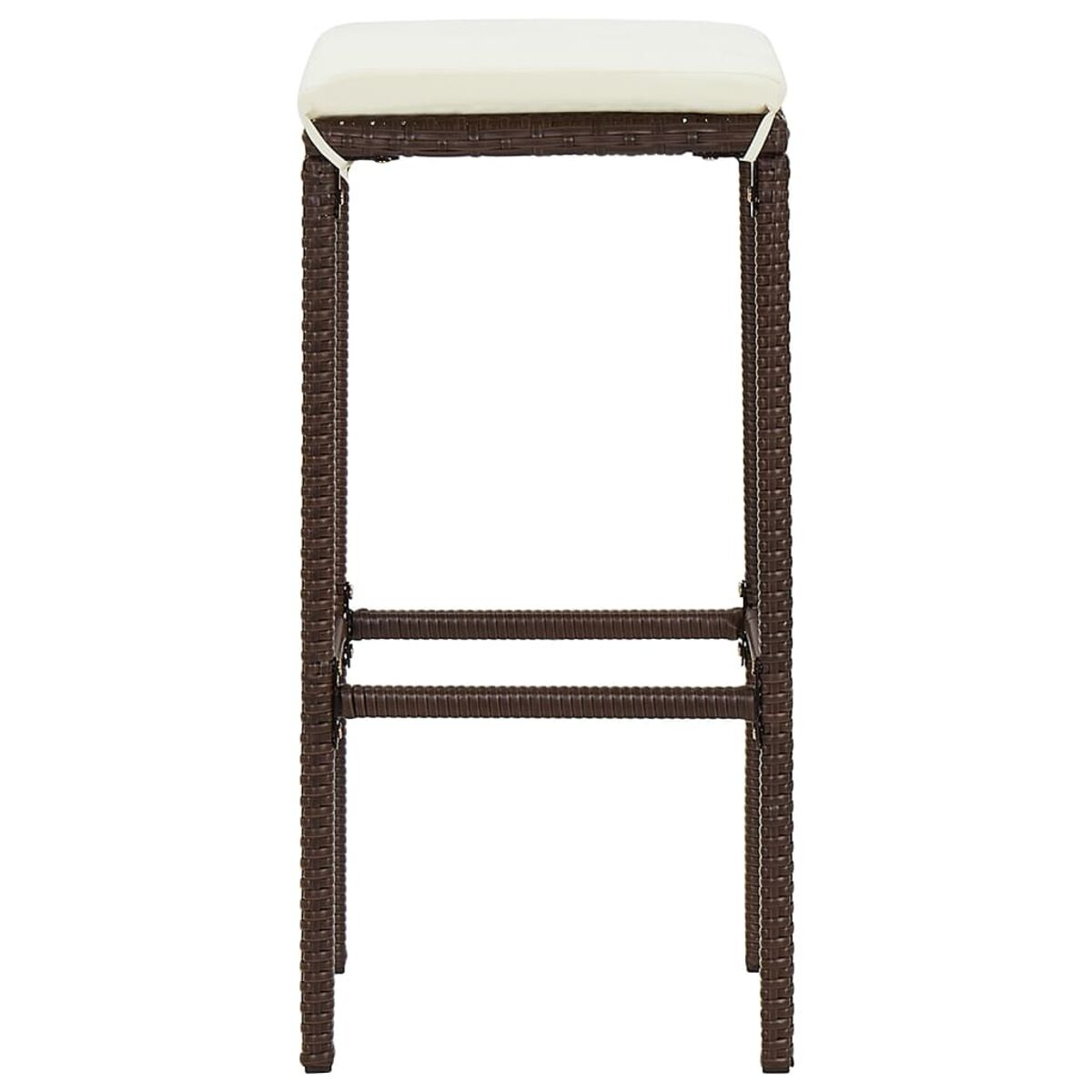 Ein dunkelbrauner Barhocker. Der Sitz ist weiß. Der Rahmen ist aus Korb.