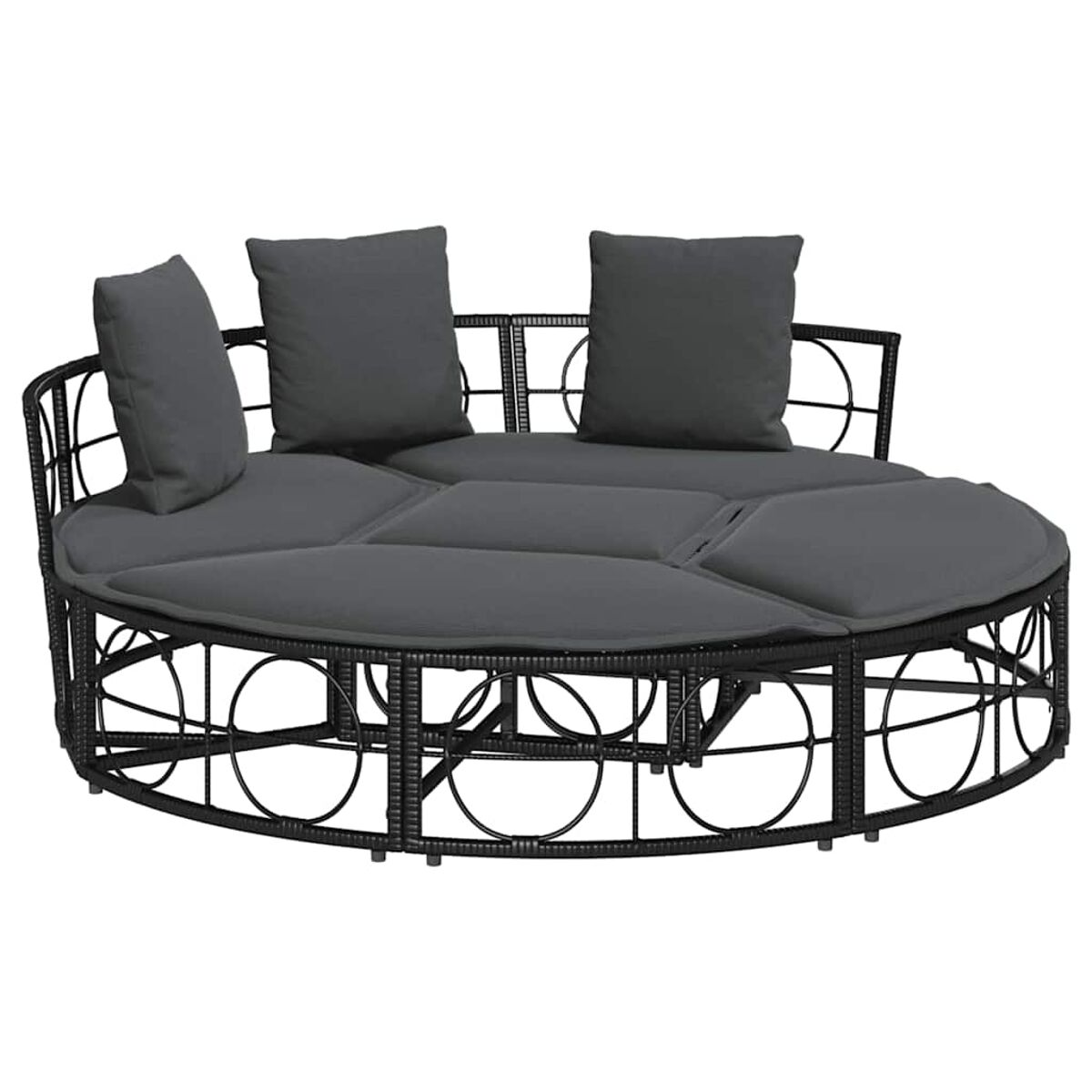 Schwarzes kreisförmiges Sofa mit Kissen. Das Sofa ist aus Metall. Weißer Hintergrund.