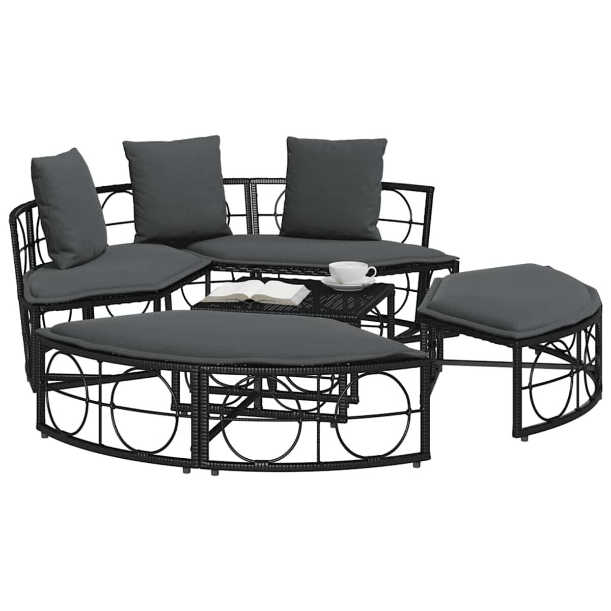 Schwarzes Weide-Sitzset für den Außenbereich mit Tisch, Kissen und einem Buch.
